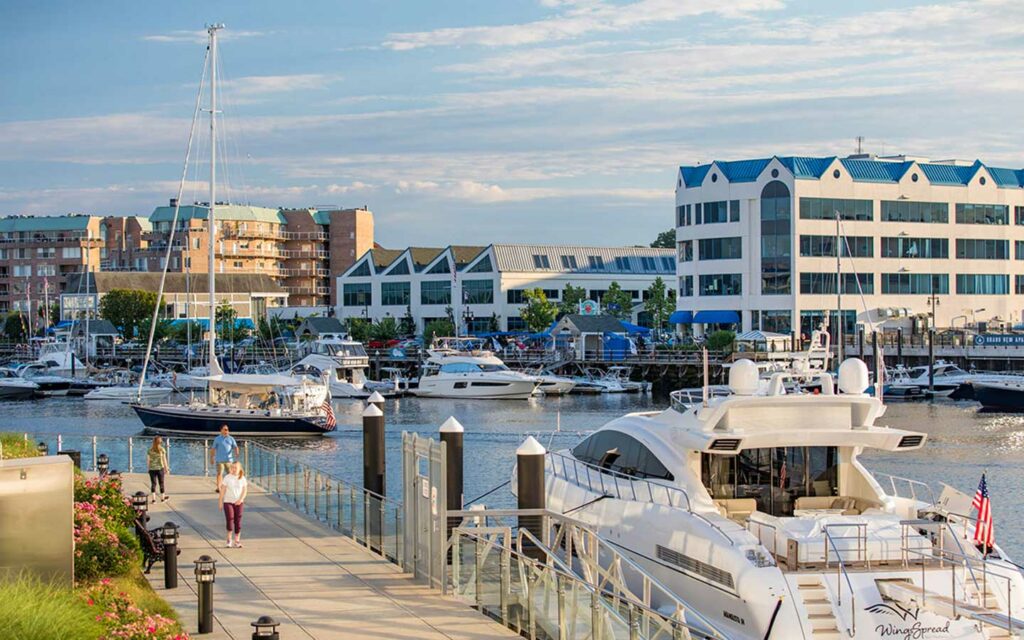View of the Harbor from the Harbor Point boardwalk in Stamford, CT